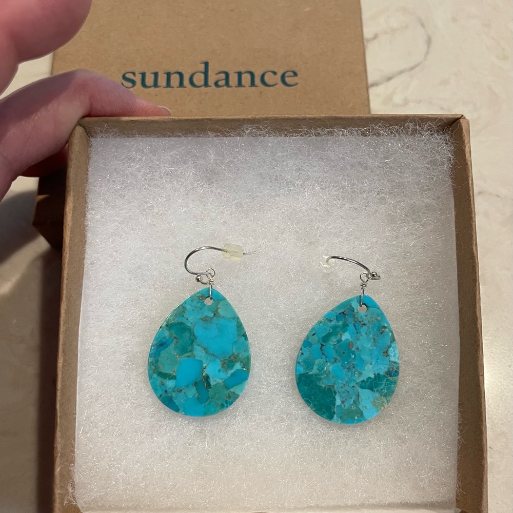 $88 Sundance Turquoise and Sterling Teardrop Earrings - brand new in the box!